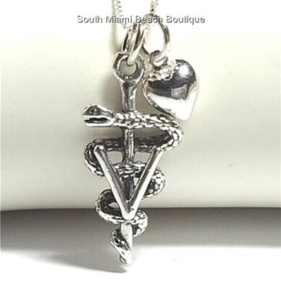 Sterling Silver Veterinarian Caduceus Necklace Doctor Vet Tech Graduation Gift - Picture 7 of 12